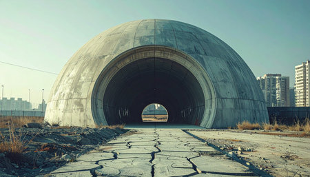A colossal concrete dome marks the entrance to a mysterious tunnel, its imposing brutalist form standing silent in a desolate, sun-drenched landscape.の素材