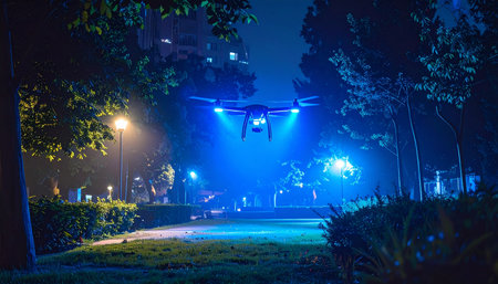 In the quiet of a city park after dark, a futuristic drone with brilliant blue lights descends, its purpose unknown.の素材