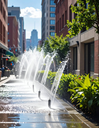 Sunlight sparkles through jets of water erupting from a city sidewalk, offering a refreshing and playful escape from the summer heat.の素材
