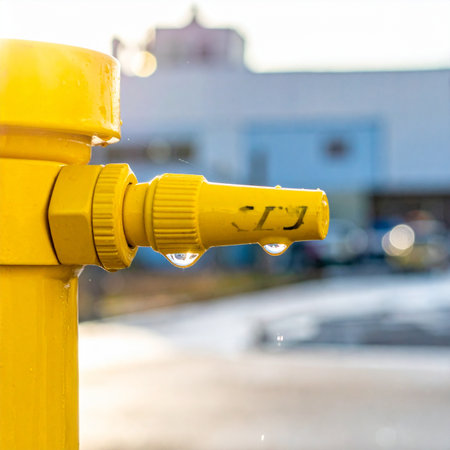 In the soft light of an urban afternoon, tiny droplets of water cling to the bright yellow nozzle of a fire hydrant.の素材