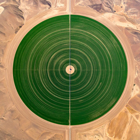 From high above, a perfect circle of vibrant green emerges from the barren desert, a testament to modern agricultural technology.の素材