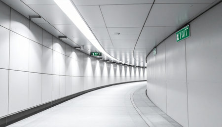 A sleek, modern corridor curves into the distance, its white walls illuminated by bright lights.の素材