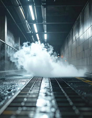 A thick cloud of white steam billows from a metal grate on the floor of a dark, industrial corridor.の素材