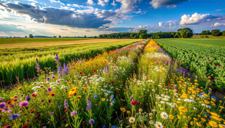 As the sun sets, casting a golden glow across the landscape, a vibrant ribbon of wildflowers thrives alongside a neatly cultivated crop field.の素材