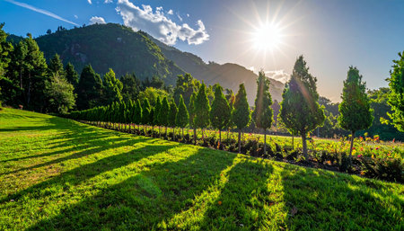 The early morning sun crests over a distant mountain, casting long, dramatic shadows from a line of trees across a vibrant green valley.の素材