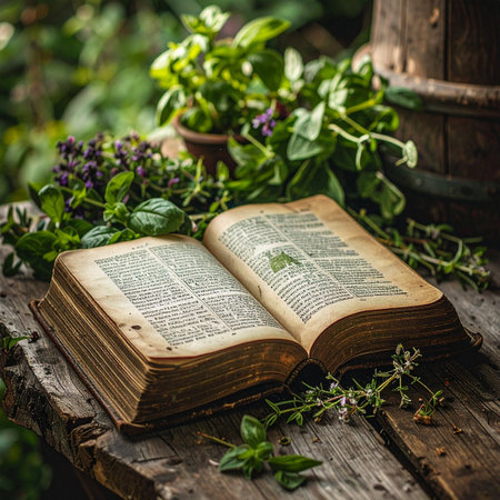 An ancient tome, filled with the secrets of herbal remedies, lies open on a rustic wooden table in a sun-dappled garden.の素材
