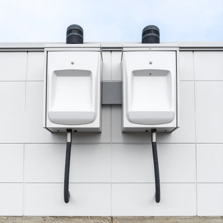 Two sleek, white electric vehicle charging stations stand ready against a minimalist tiled wall, symbolizing the clean, quiet, and sustainable future of transportation.の素材