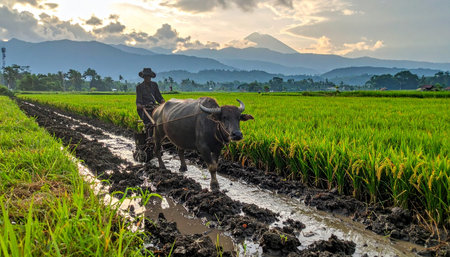 A farmer and his trusted water buffalo work in unison, tilling the muddy earth of a vibrant green rice paddy.の素材