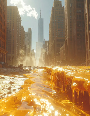 A bizarre and surreal catastrophe unfolds as a city street is engulfed by a slow-moving, sticky wave of golden honey.の素材