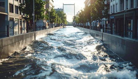 A once-bustling city street is transformed into a powerful, raging river, its turbulent waters rushing between buildings under the stark sunlight.の素材