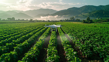 From an aerial perspective, an advanced agricultural drone autonomously sprays a lush green field at dawn.の素材