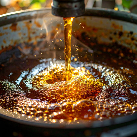 A close-up shot captures a stream of rich, golden syrup cascading into a large wok, its viscous flow creating a mesmerizing pattern of bubbles.の素材