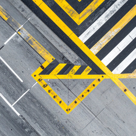 From a high-angle perspective, weathered yellow, black, and white lines create a bold geometric pattern on the gray asphalt.の素材