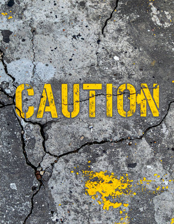 A bold yellow 'CAUTION' warning is stenciled onto a heavily cracked and weathered concrete surface.の素材