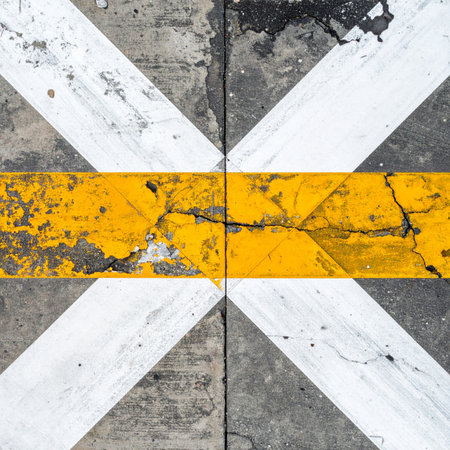 A top-down view captures the raw, gritty texture of a weathered road marking.の素材