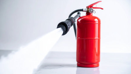In a moment of urgent response, a red fire extinguisher is discharged with force, releasing a powerful white spray to combat an unseen threat.の素材