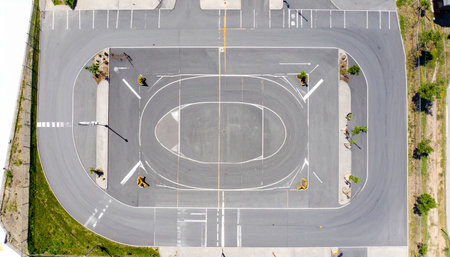 An aerial top-down view captures the clean, geometric layout of an empty driving test course.の素材
