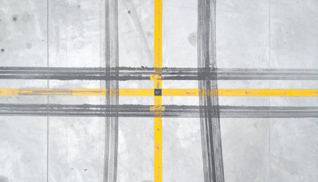 An aerial top-down perspective captures the stark contrast between orderly yellow lines and the chaotic black tire marks they intersect.の素材