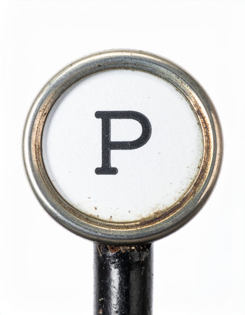 A macro photograph of a single, weathered typewriter key featuring the capital letter 'P'.の素材