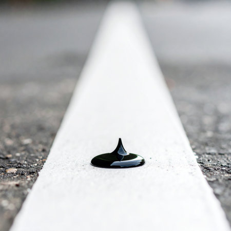 A single, glossy black drop rests perfectly on a stark white line, creating a powerful point of focus on an asphalt road that stretches into an unknown future.の素材