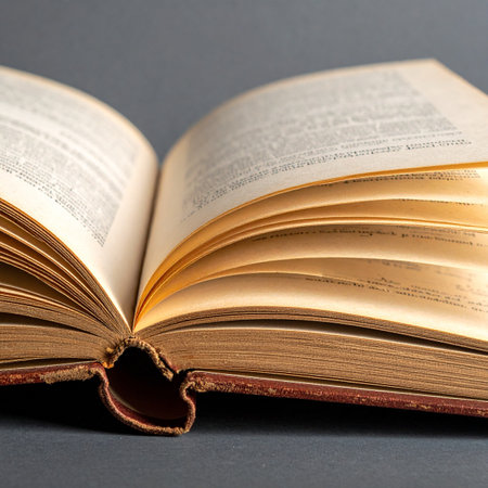 An old, classic book lies open, its yellowed pages filled with text and stories from the past.の素材