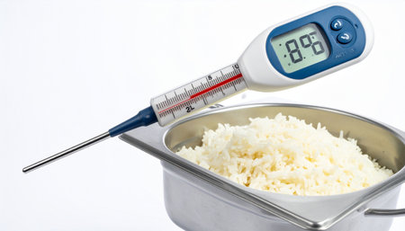 Precision in the kitchen: A professional digital thermometer is used to verify the temperature of freshly steamed rice, a critical step for food safety and quality control in a culinary or catering e.の素材