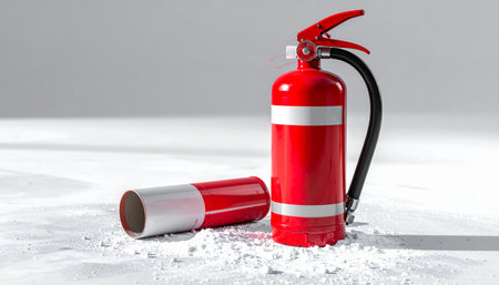 In a clean, minimalist space, a red fire extinguisher stands ready after being deployed.の素材