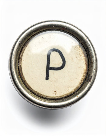 A close-up of the letter P from a vintage typewriter key, isolated on a white background.の素材