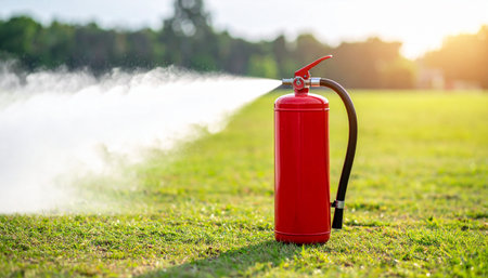 A red fire extinguisher discharges a powerful white spray across a sunlit green field during a safety training drill.の素材