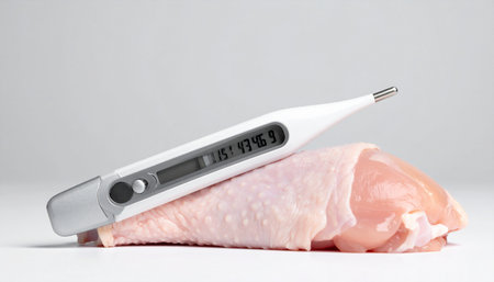 A digital thermometer rests on a raw chicken drumstick, symbolizing the critical importance of checking internal temperatures to ensure food is cooked safely and to prevent foodborne illness.の素材