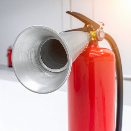 A bright red fire extinguisher stands ready for action in a clean, modern building.の素材