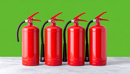 A row of four bright red fire extinguishers stands at the ready against a vibrant green background.の素材