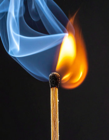 A single matchstick bursts into life against a stark black background.の素材