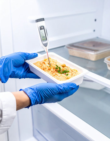 A food safety professional meticulously checks the temperature of a ready-to-eat meal, ensuring it meets strict health and quality standards.の素材