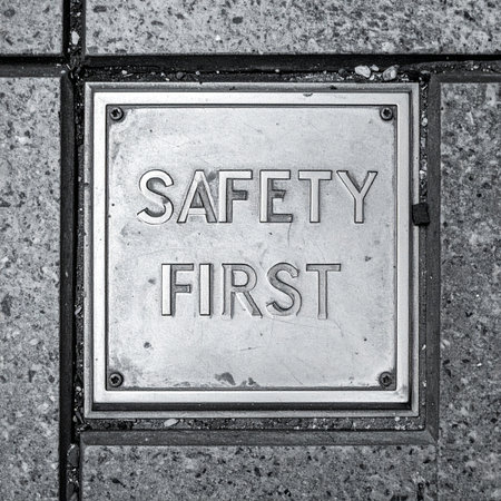 A stark, black and white image of a worn metal plaque set into a stone floor, bearing the essential message 'SAFETY FIRST'.の素材