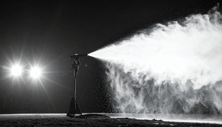 In a dramatic black and white night scene, a powerful snowmaking machine blasts a dense plume of artificial snow under bright industrial lights, preparing a ski resort for the winter season.の素材