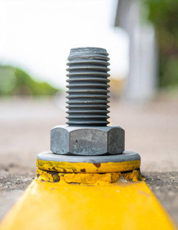 A detailed close-up of a heavy-duty anchor bolt securely fastened to a bright yellow industrial base.の素材