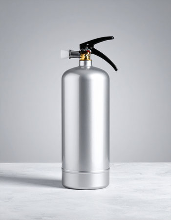 A sleek, silver fire extinguisher stands ready against a minimalist grey background.の素材