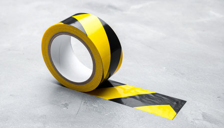 A fresh roll of yellow and black hazard tape rests on a stark concrete floor, ready to be deployed.の素材