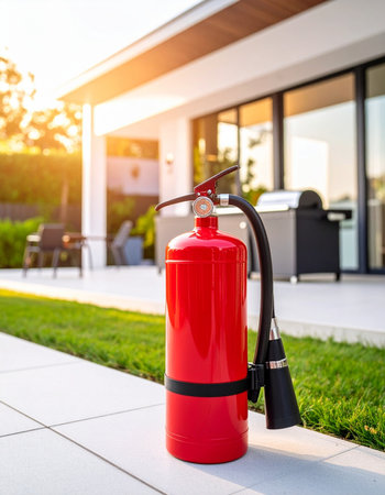 As the golden sun sets on a beautiful modern home, a fire extinguisher stands ready on the patio.の素材