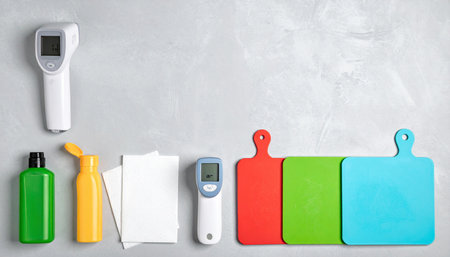 A top-down view of essential tools for modern hygiene and food safety.の素材