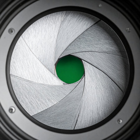 A detailed close-up reveals the intricate, interlocking metal blades of a camera's aperture diaphragm.の素材