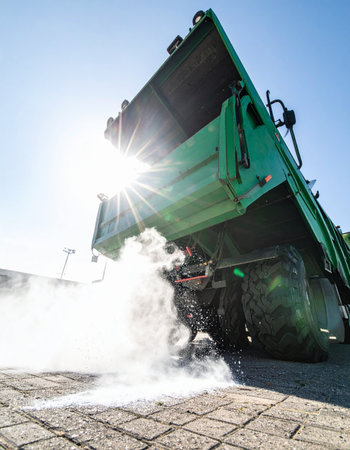 Against a brilliant sun flare, a heavy-duty dump truck completes its task, pouring a cloud of white industrial material onto the paved ground.の素材