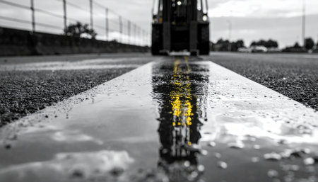 A low-angle, selective color photograph captures the vibrant yellow reflection of a forklift in a rain puddle on dark asphalt.の素材
