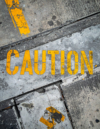A faded yellow 'CAUTION' stencil is painted across a cracked and weathered industrial floor.の素材