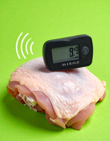 In a surreal and humorous concept, a retro pager sends an urgent notification while resting on a fresh, raw chicken thigh.の素材