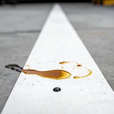 A close-up, low-angle view captures a golden puddle of oil staining a crisp white line on a gray asphalt surface.の素材