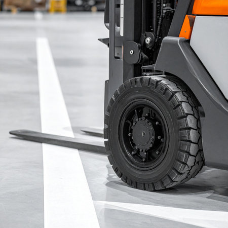 A close-up view captures the robust wheel and forks of a modern forklift, parked precisely within the white safety lines of a clean warehouse floor.の素材