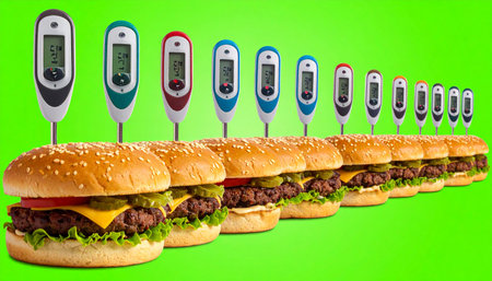 A lineup of perfectly prepared hamburgers undergoes a rigorous quality control inspection.の素材