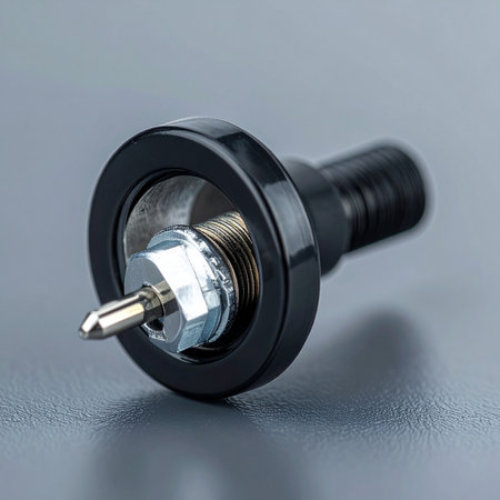 A detailed macro shot of an industrial oil level sight glass, a critical component for monitoring fluid levels in machinery.の素材